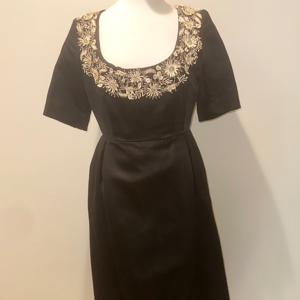 Stunning Dennis Basso Black Satin Dress with Embroidered Floral Neckline